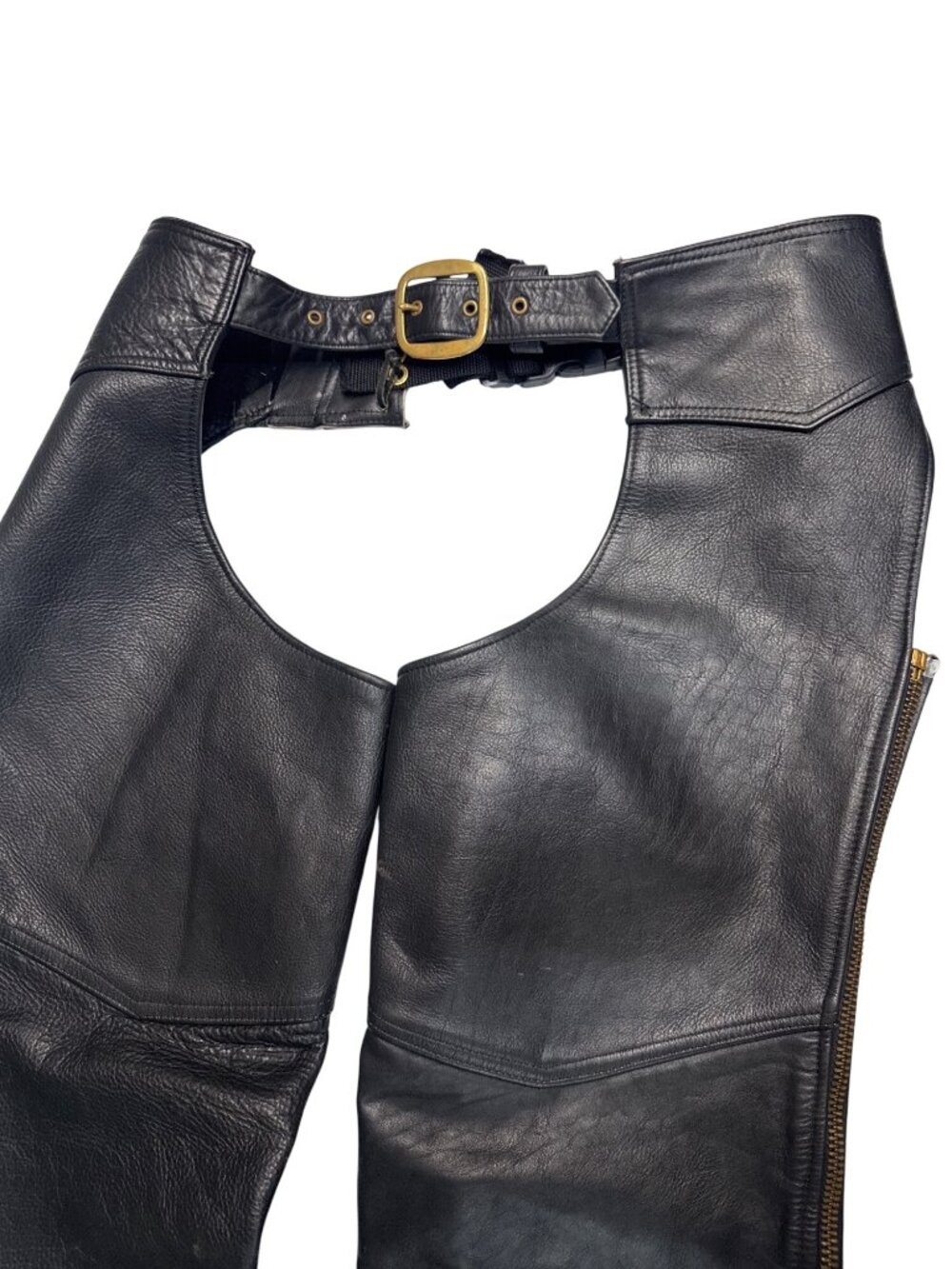 Black Leather Motorcycle Chaps With Adjustable Waist & Brass Details Made In USA - Picture 3 of 9